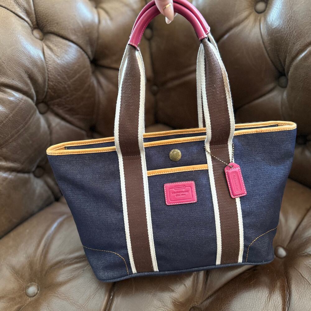 2004 Coach Hamptons Denim Tote 4498 Indigo Pink Leather Y2K